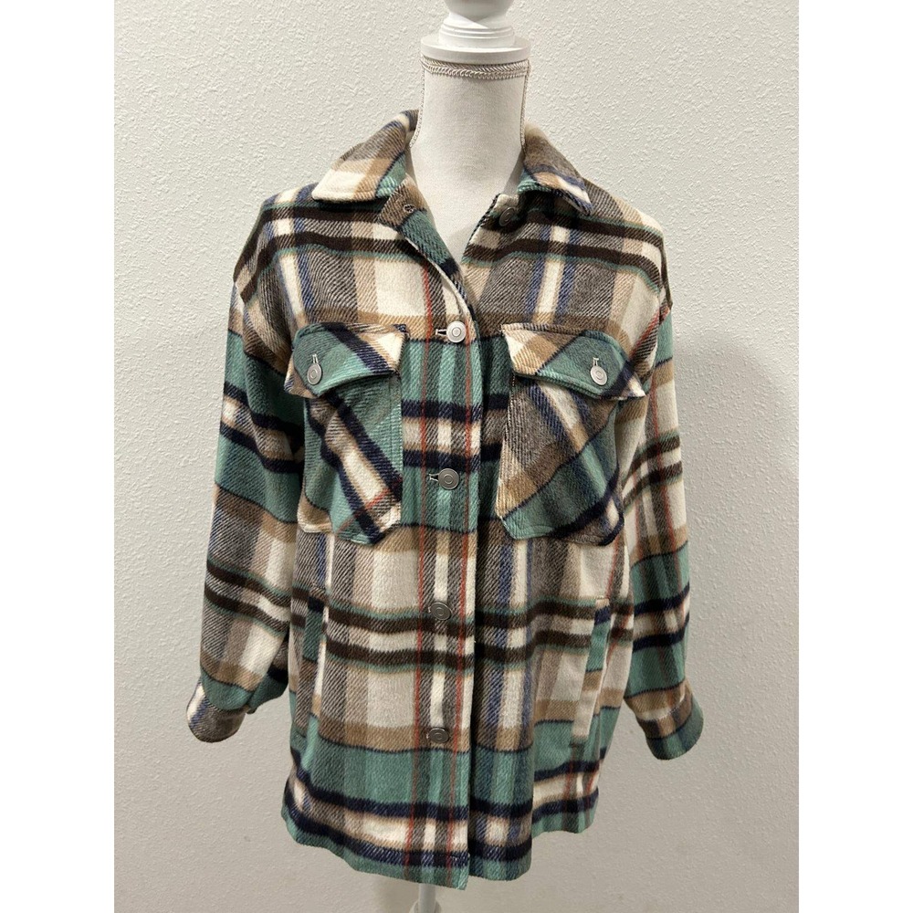 ZARA Oversized Plaid Flannel Shirt Jacket Women XS Green Brown Cream Button Up